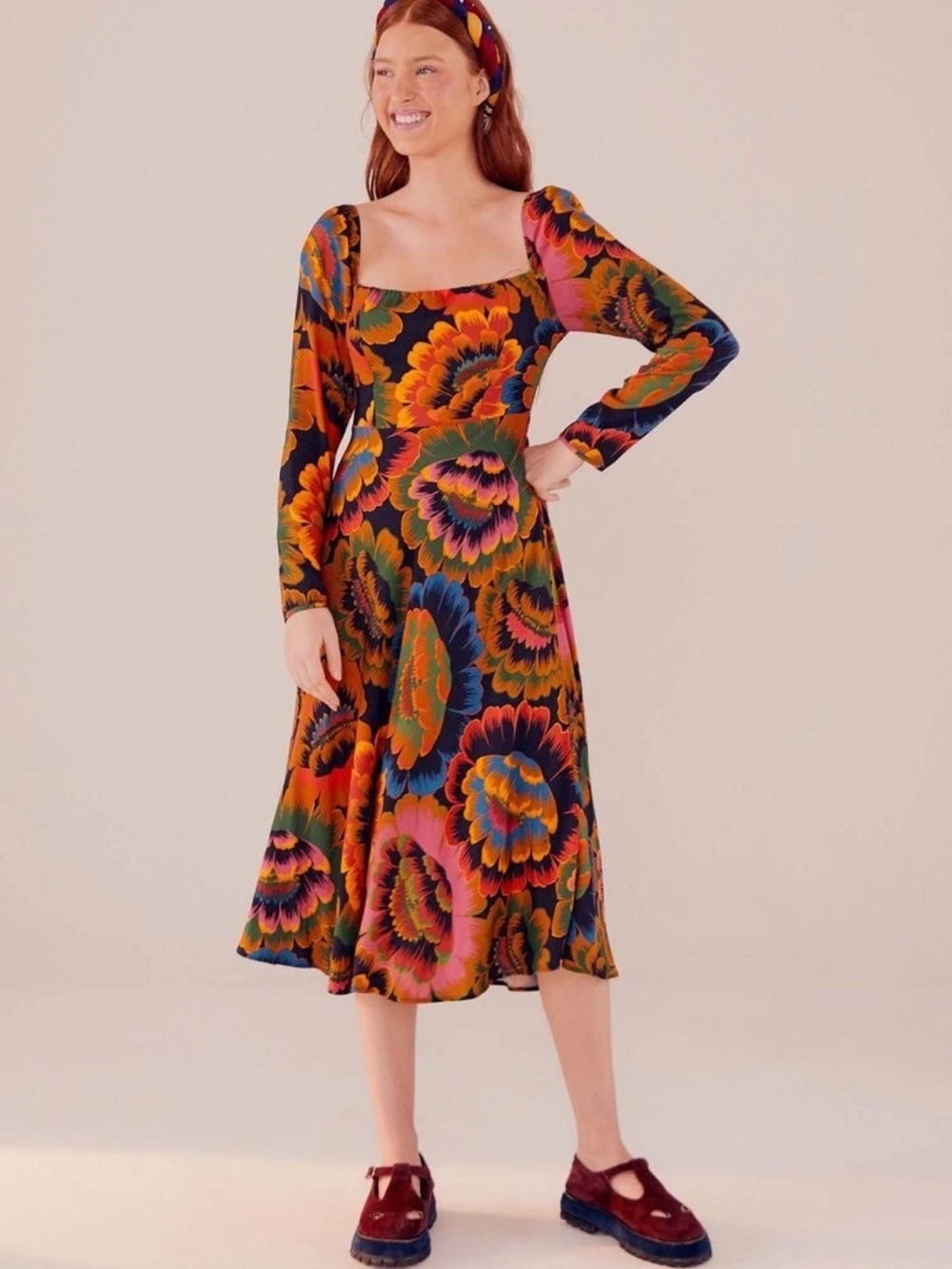 FARM Rio Multicolor Floral Midi Dress - Black, Orange, Pink, Blue, Green
